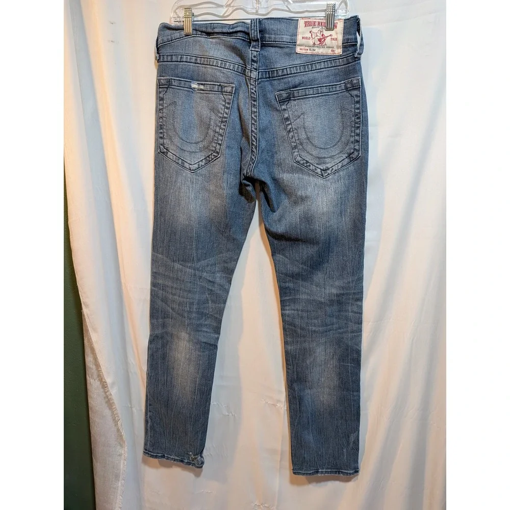 True Religion Men 35/33 Section Slim Fit Jeans Straight Leg‎ Med Blue Distressed